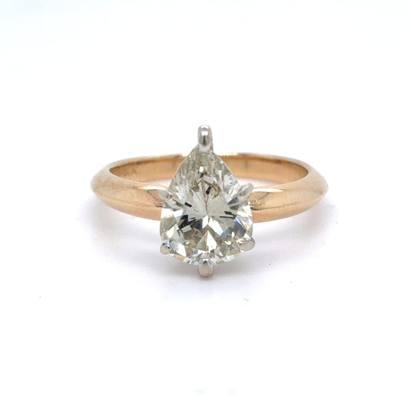 14K Two Tone Gold Natural Diamond Solitaire Ring | Pear 1.72 CTW, O-P SI1, Size 5.5