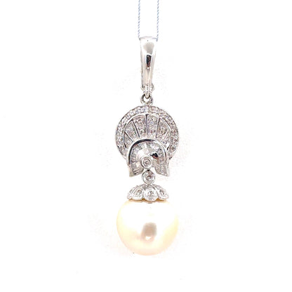 14K White Gold Cultured Saltwater Pearl & Diamond Pendant | Round & Baguette 0.24 TCW, G-I SI1-I1
