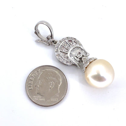 14K White Gold Cultured Saltwater Pearl & Diamond Pendant | Round & Baguette 0.24 TCW, G-I SI1-I1