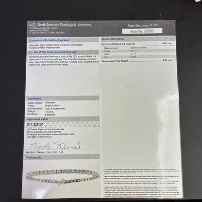 14K White Gold Natural Diamond Tennis Bracelet | Round 4.40 TCW, G-H SI2-I1, 7 Inch