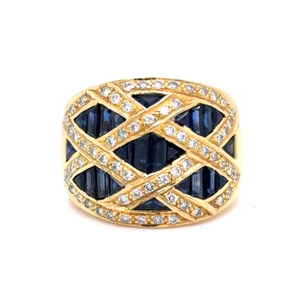 18K Yellow Gold Natural Sapphire & Diamond Crisscross Band Ring | Round, Triangle & Trapezoid 2.99 TCW, F-G VS1-VS2, Size 8