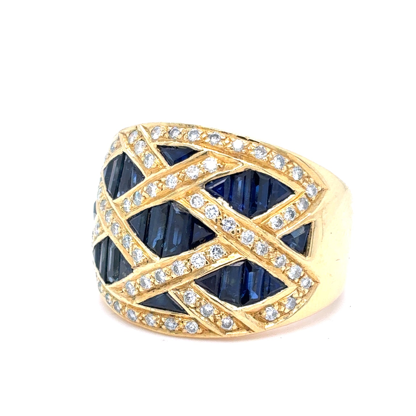 18K Yellow Gold Natural Sapphire & Diamond Crisscross Band Ring | Round, Triangle & Trapezoid 2.99 TCW, F-G VS1-VS2, Size 8