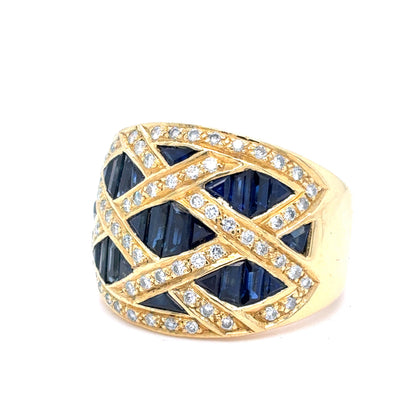 18K Yellow Gold Natural Sapphire & Diamond Crisscross Band Ring | Round, Triangle & Trapezoid 2.99 TCW, F-G VS1-VS2, Size 8