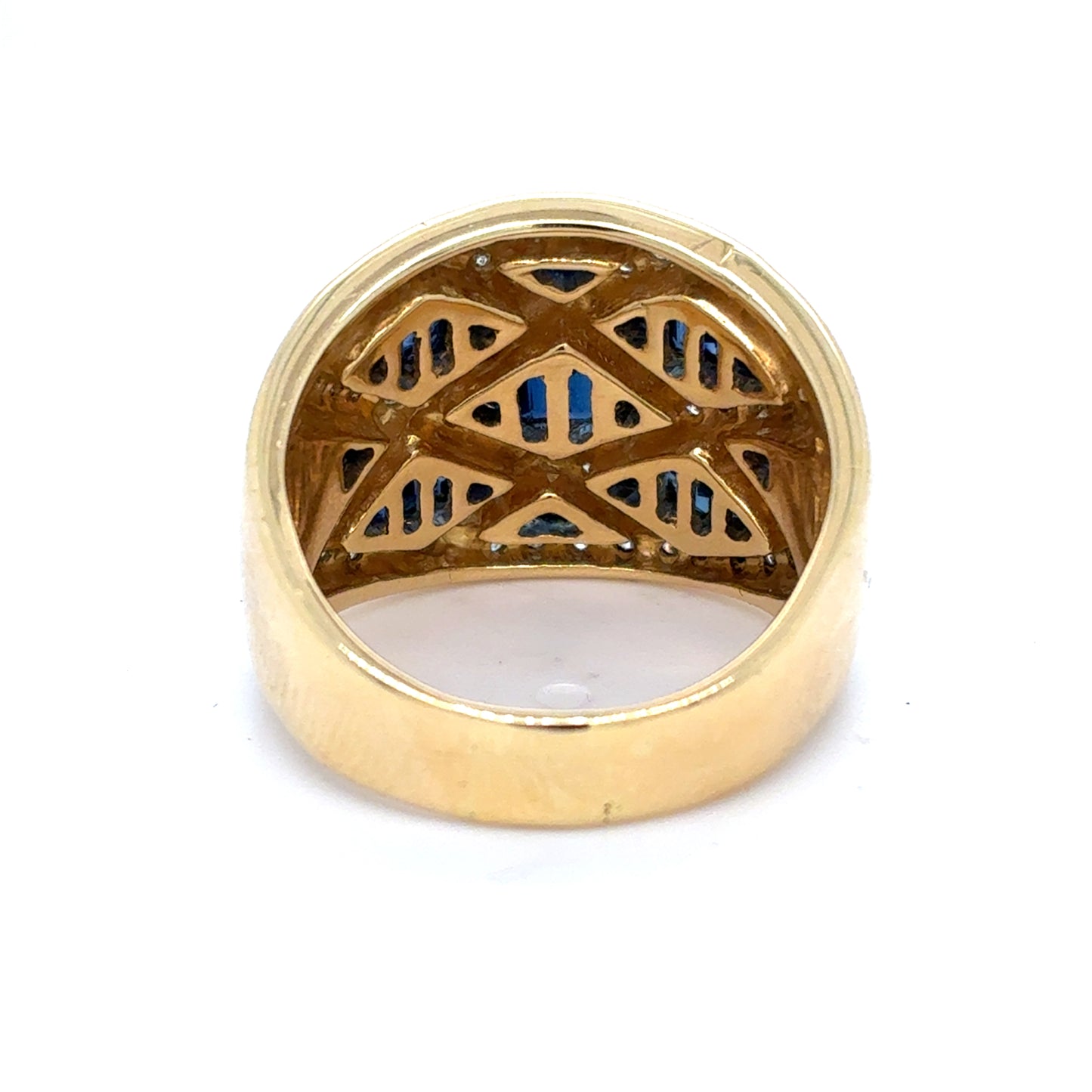 18K Yellow Gold Natural Sapphire & Diamond Crisscross Band Ring | Round, Triangle & Trapezoid 2.99 TCW, F-G VS1-VS2, Size 8