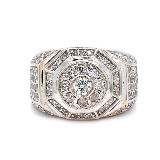 14K White Gold Men's Natural Diamond Octagonal Cluster Ring | Round 2.28 TCW, H-I I1