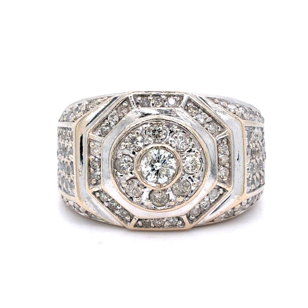 14K White Gold Men's Natural Diamond Octagonal Cluster Ring | Round 2.28 TCW, H-I I1