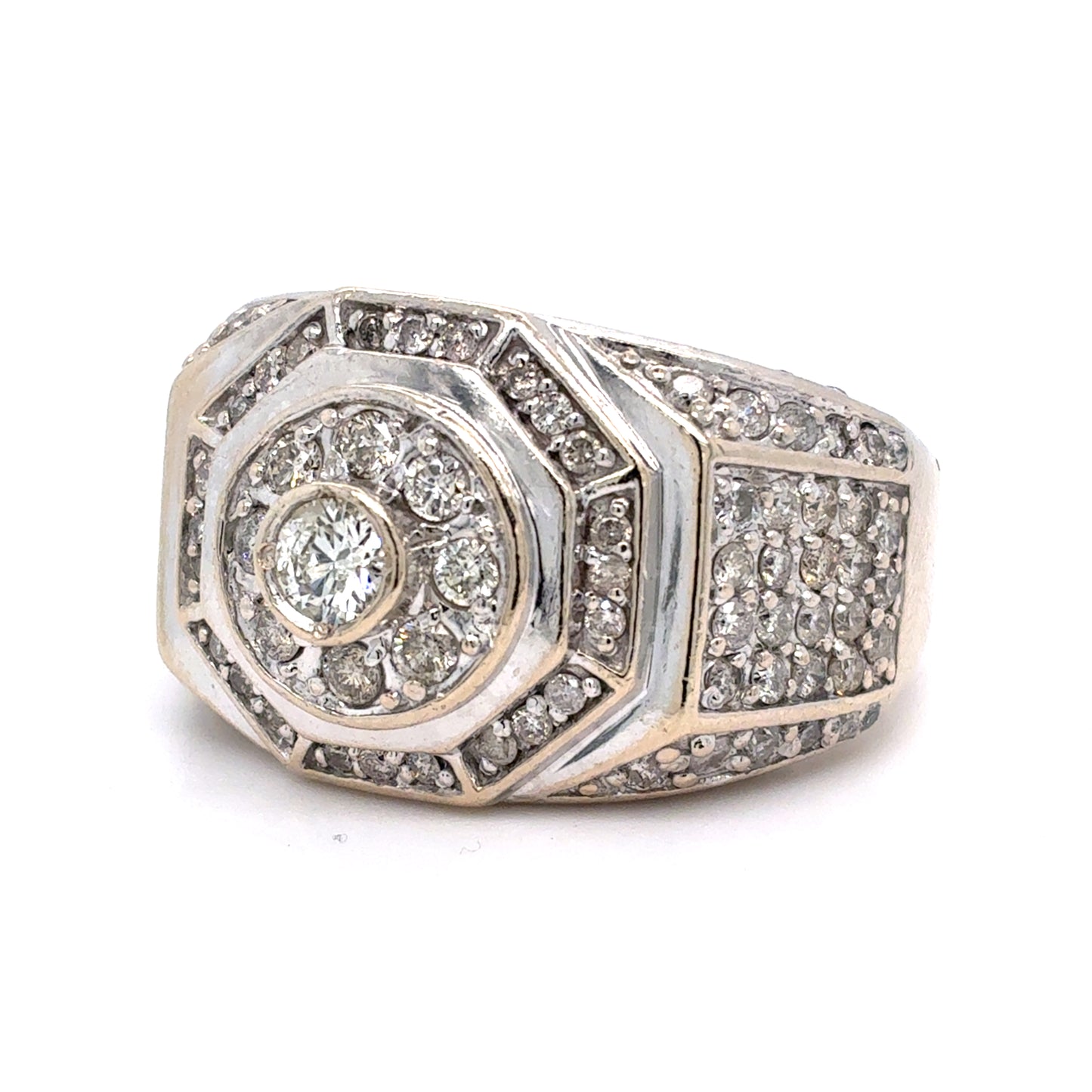 14K White Gold Men's Natural Diamond Octagonal Cluster Ring | Round 2.28 TCW, H-I I1