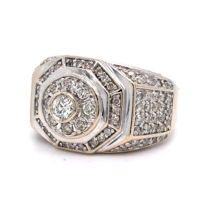 14K White Gold Men's Natural Diamond Octagonal Cluster Ring | Round 2.28 TCW, H-I I1