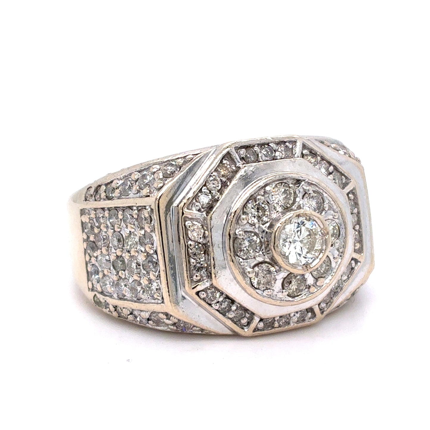 14K White Gold Men's Natural Diamond Octagonal Cluster Ring | Round 2.28 TCW, H-I I1