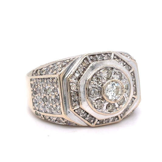 14K White Gold Men's Natural Diamond Octagonal Cluster Ring | Round 2.28 TCW, H-I I1
