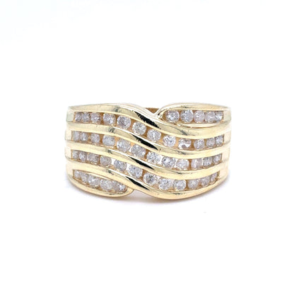 14K Yellow Gold Natural Diamond Multi-Row Channel-Set Wave Ring | Round Brilliant 1.01 TCW, I I2, Size 7.75