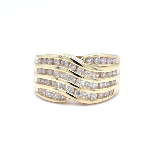 14K Yellow Gold Natural Diamond Multi-Row Channel-Set Wave Ring | Round Brilliant 1.01 TCW, I I2, Size 7.75