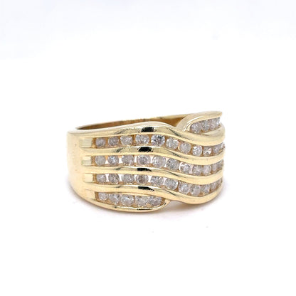 14K Yellow Gold Natural Diamond Multi-Row Channel-Set Wave Ring | Round Brilliant 1.01 TCW, I I2, Size 7.75
