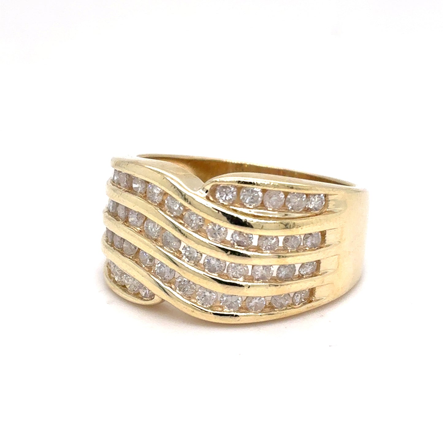 14K Yellow Gold Natural Diamond Multi-Row Channel-Set Wave Ring | Round Brilliant 1.01 TCW, I I2, Size 7.75