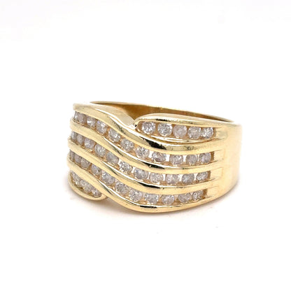 14K Yellow Gold Natural Diamond Multi-Row Channel-Set Wave Ring | Round Brilliant 1.01 TCW, I I2, Size 7.75