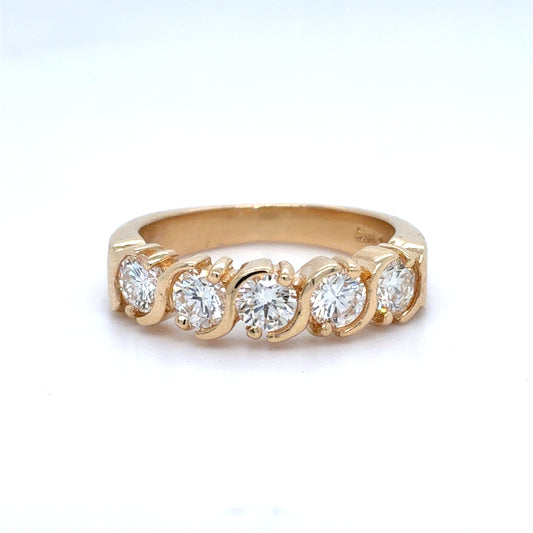 14K Yellow Gold Natural Diamond Five Stone Half Band Ring | Round 1.00 TCW, G-H VVS2-VS1, Size 5