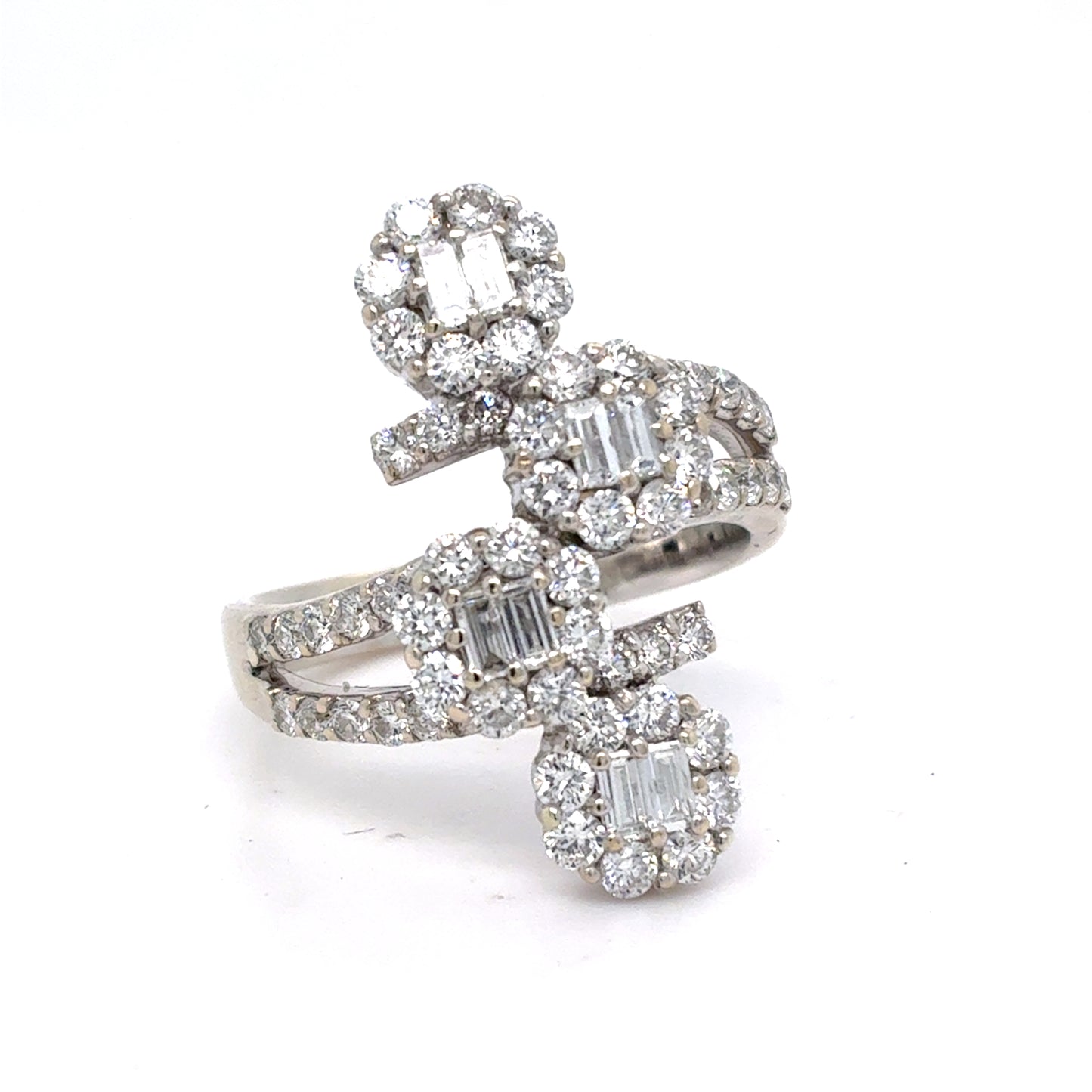 18K White Gold Natural Diamond Bypass Cluster Ring | Round & Baguette 1.56 TCW, F-G SI1-VS1, Size 6.75