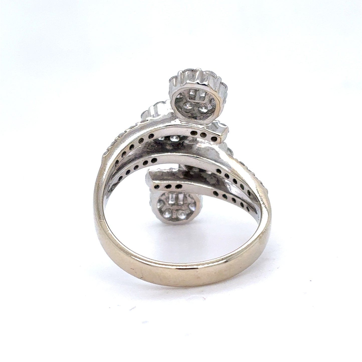 18K White Gold Natural Diamond Bypass Cluster Ring | Round & Baguette 1.56 TCW, F-G SI1-VS1, Size 6.75