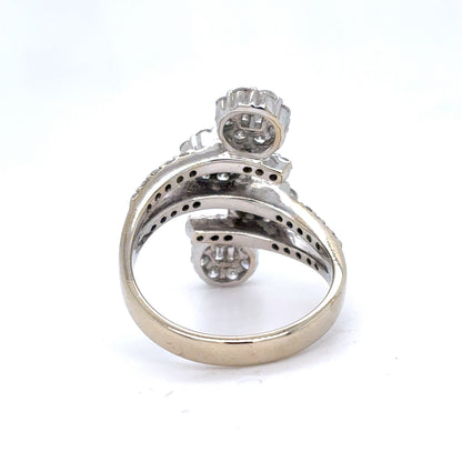 18K White Gold Natural Diamond Bypass Cluster Ring | Round & Baguette 1.56 TCW, F-G SI1-VS1, Size 6.75