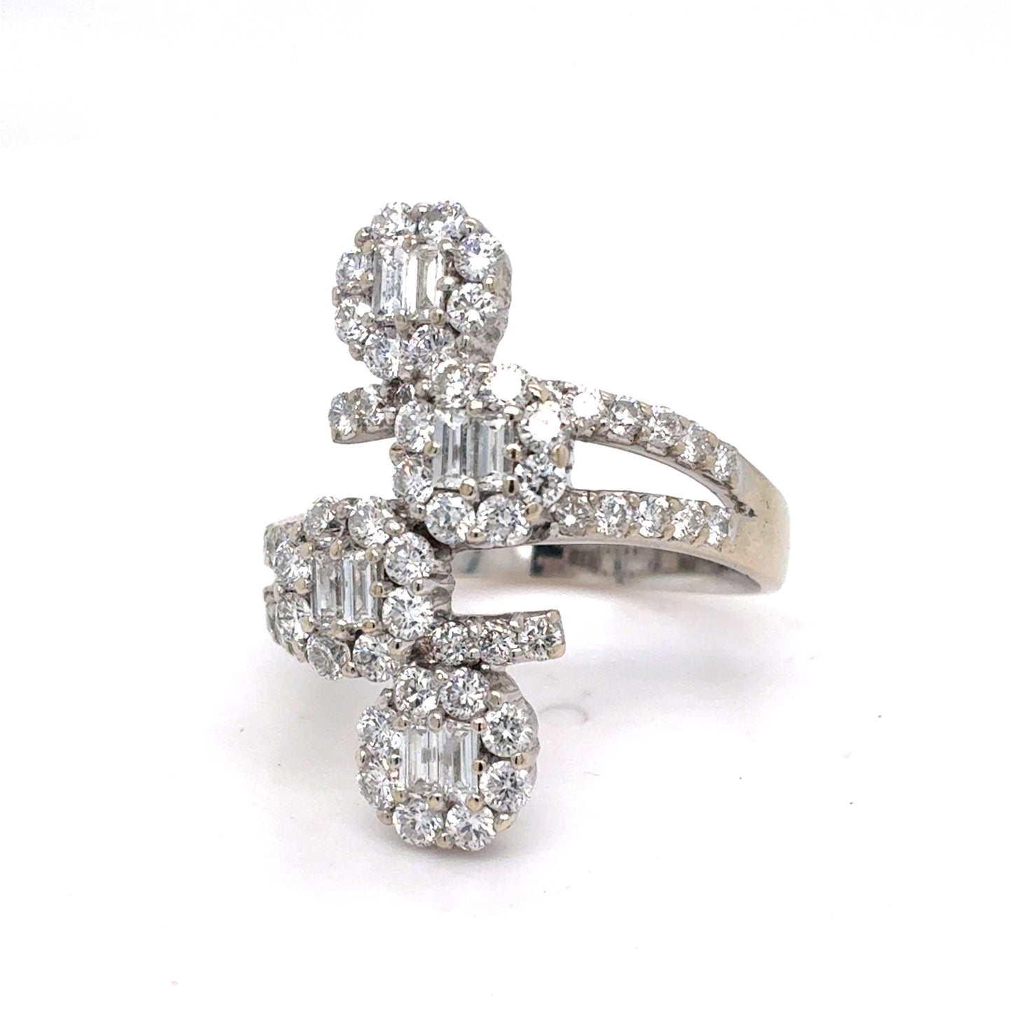 18K White Gold Natural Diamond Bypass Cluster Ring | Round & Baguette 1.56 TCW, F-G SI1-VS1, Size 6.75