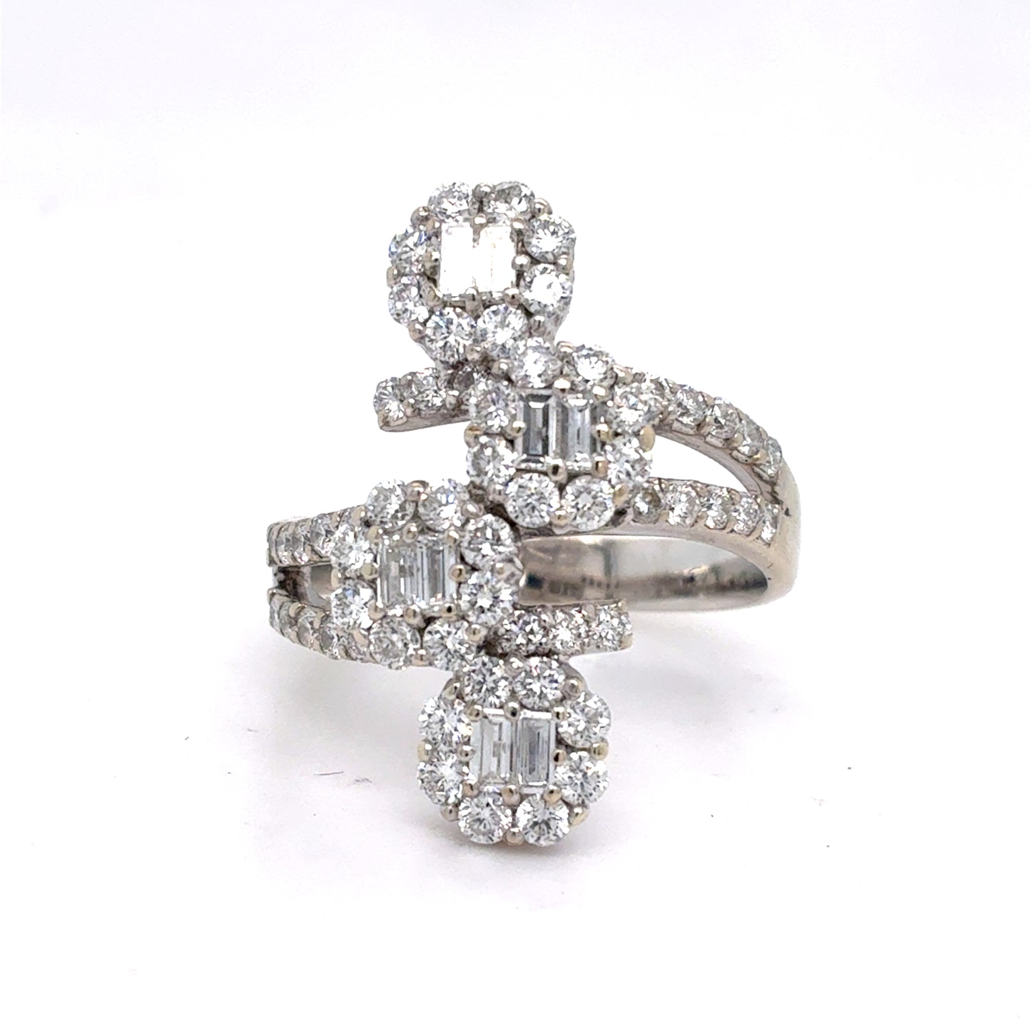 18K White Gold Natural Diamond Bypass Cluster Ring | Round & Baguette 1.56 TCW, F-G SI1-VS1, Size 6.75