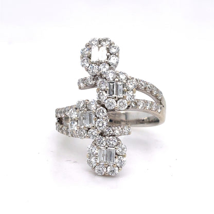 18K White Gold Natural Diamond Bypass Cluster Ring | Round & Baguette 1.56 TCW, F-G SI1-VS1, Size 6.75