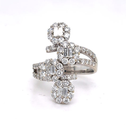 18K White Gold Natural Diamond Bypass Cluster Ring | Round & Baguette 1.56 TCW, F-G SI1-VS1, Size 6.75