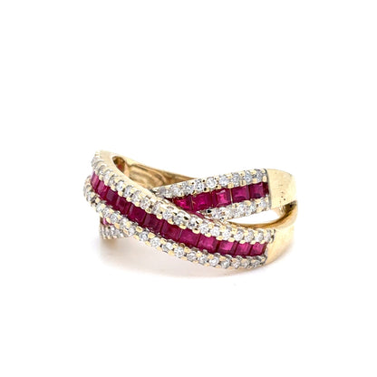 10K Yellow Gold Natural Ruby & Diamond Criss-Cross Ring | Square Step & Single Cut 1.59 TCW, H SI2, Size 7