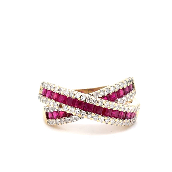 10K Yellow Gold Natural Ruby & Diamond Criss-Cross Ring | Square Step & Single Cut 1.59 TCW, H SI2, Size 7