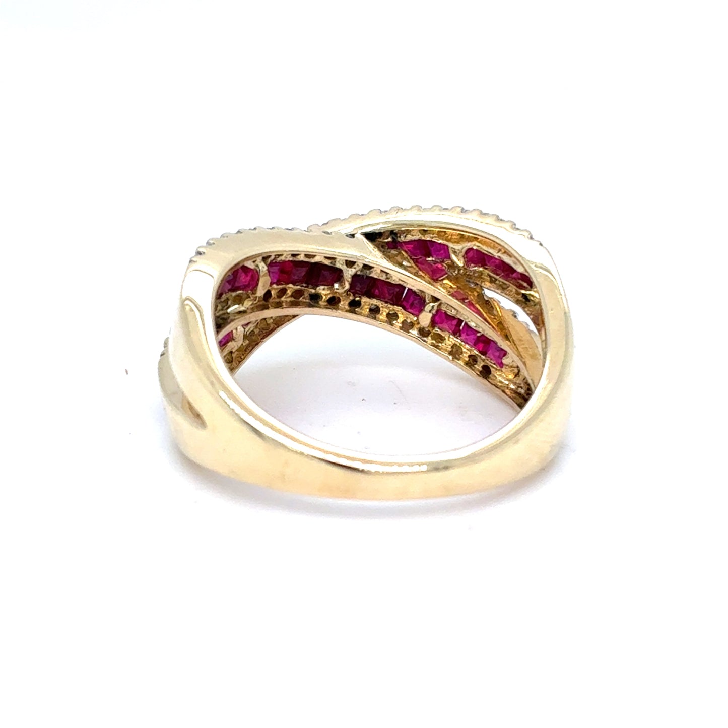 10K Yellow Gold Natural Ruby & Diamond Criss-Cross Ring | Square Step & Single Cut 1.59 TCW, H SI2, Size 7
