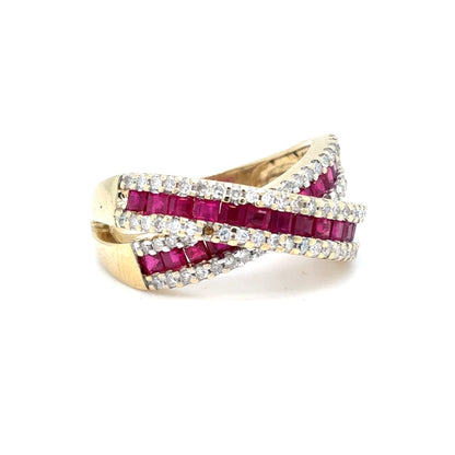 10K Yellow Gold Natural Ruby & Diamond Criss-Cross Ring | Square Step & Single Cut 1.59 TCW, H SI2, Size 7
