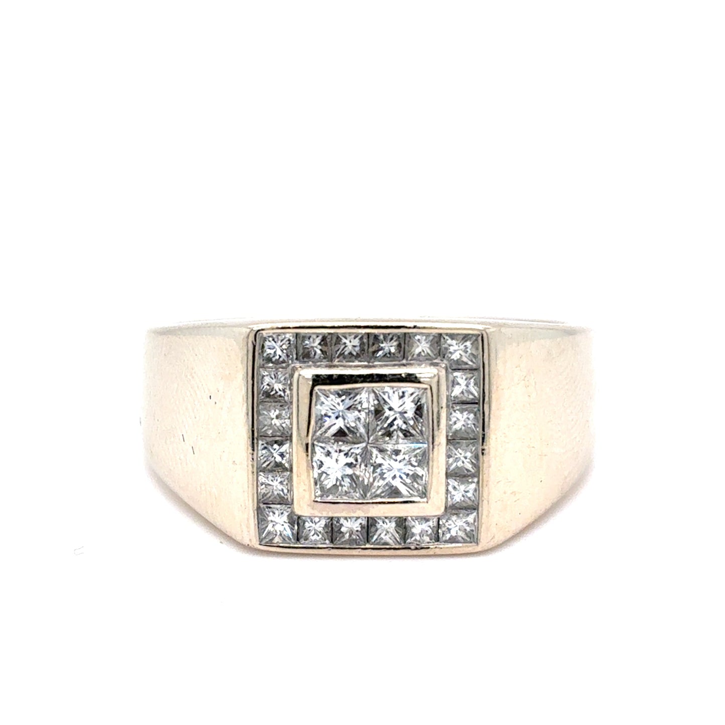 14K White Gold Mens Natural Diamond Princess Cut Cluster Ring | Princess 1.13 TCW, H VS1, Size 10