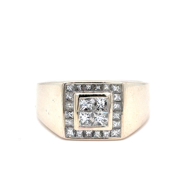 14K White Gold Mens Natural Diamond Princess Cut Cluster Ring | Princess 1.13 TCW, H VS1, Size 10