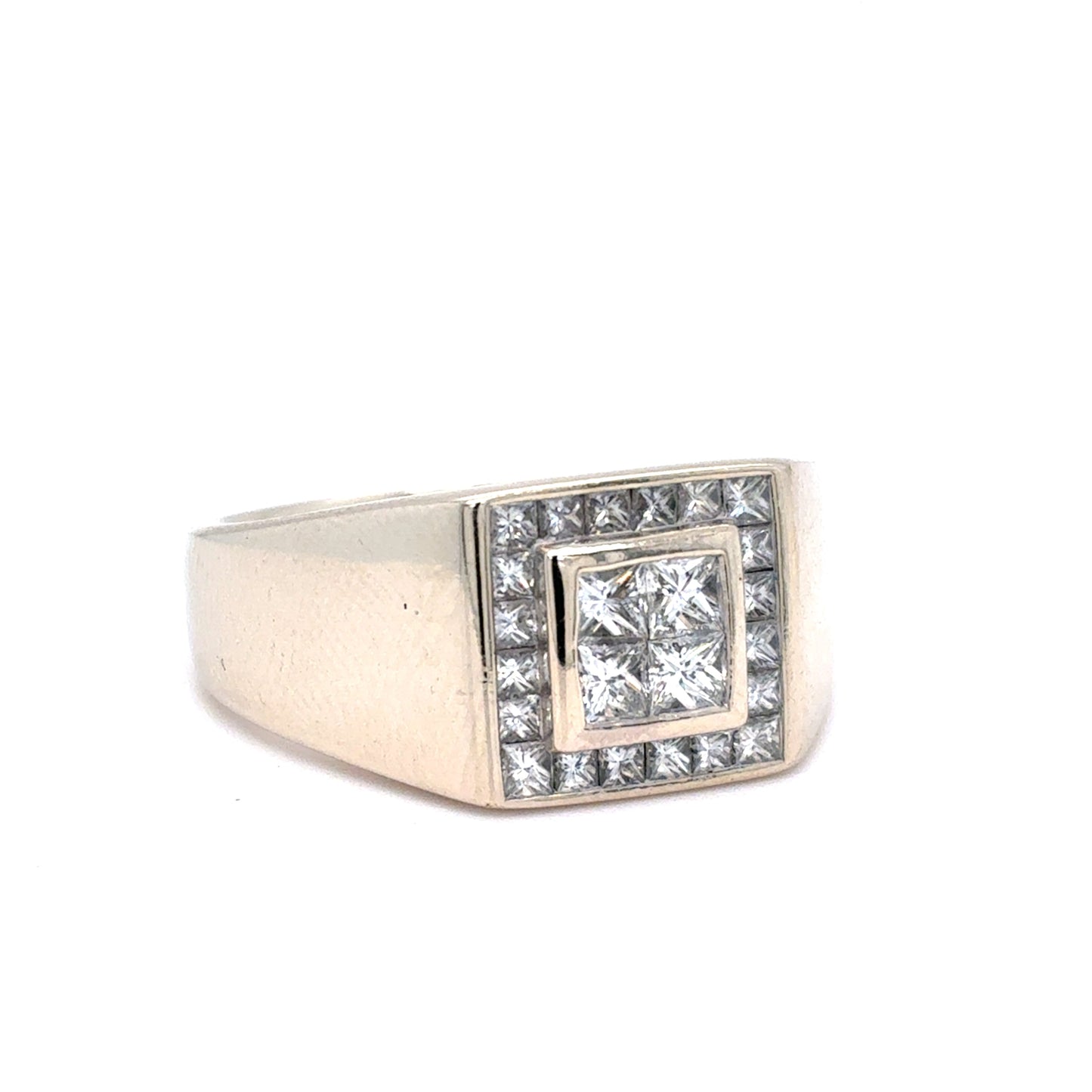 14K White Gold Mens Natural Diamond Princess Cut Cluster Ring | Princess 1.13 TCW, H VS1, Size 10
