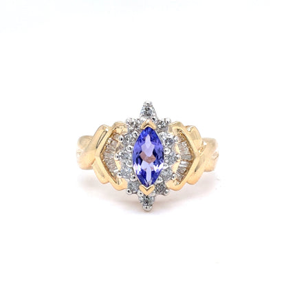 14K Yellow Gold Natural Tanzanite & Diamond Halo Fashion Ring | Marquise 0.48 ct, Round & Baguette 0.31 TCW, G-H SI2, Size 7