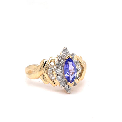 14K Yellow Gold Natural Tanzanite & Diamond Halo Fashion Ring | Marquise 0.48 ct, Round & Baguette 0.31 TCW, G-H SI2, Size 7