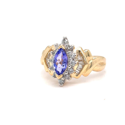 14K Yellow Gold Natural Tanzanite & Diamond Halo Fashion Ring | Marquise 0.48 ct, Round & Baguette 0.31 TCW, G-H SI2, Size 7