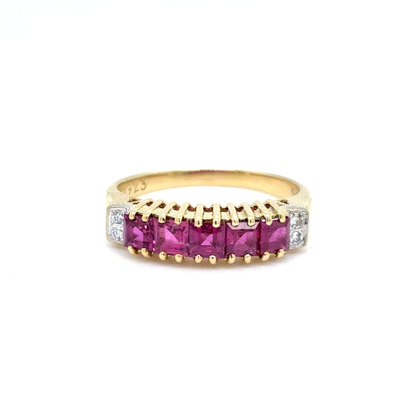 14K Yellow Gold Natural Ruby & Diamond Band Ring | Square Step & Round Brilliant 0.83 TCW, H SI1, Size 6.75