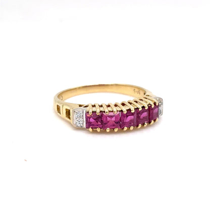 14K Yellow Gold Natural Ruby & Diamond Band Ring | Square Step & Round Brilliant 0.83 TCW, H SI1, Size 6.75
