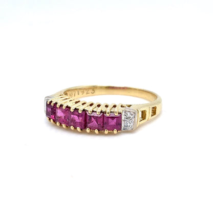 14K Yellow Gold Natural Ruby & Diamond Band Ring | Square Step & Round Brilliant 0.83 TCW, H SI1, Size 6.75