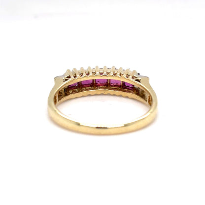 14K Yellow Gold Natural Ruby & Diamond Band Ring | Square Step & Round Brilliant 0.83 TCW, H SI1, Size 6.75