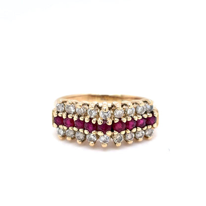 14K Yellow Gold Natural Diamond & Ruby Three-Row Fashion Ring | Round Brilliant 0.80 TCW, L SI2, Size 6.5