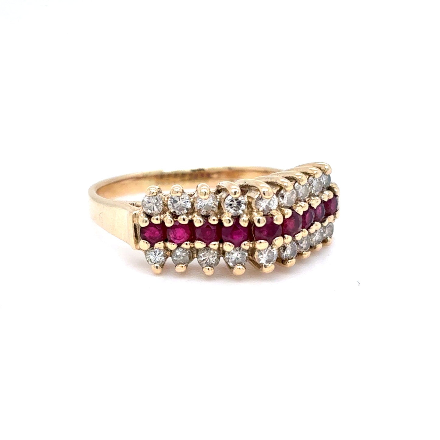 14K Yellow Gold Natural Diamond & Ruby Three-Row Fashion Ring | Round Brilliant 0.80 TCW, L SI2, Size 6.5