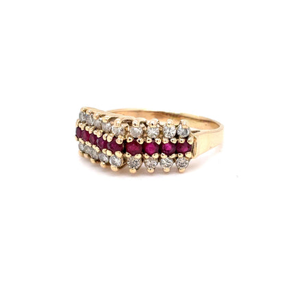 14K Yellow Gold Natural Diamond & Ruby Three-Row Fashion Ring | Round Brilliant 0.80 TCW, L SI2, Size 6.5