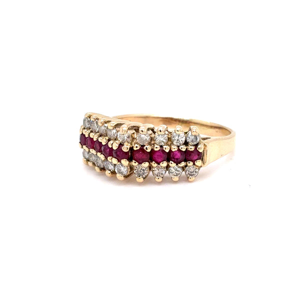 14K Yellow Gold Natural Diamond & Ruby Three-Row Fashion Ring | Round Brilliant 0.80 TCW, L SI2, Size 6.5