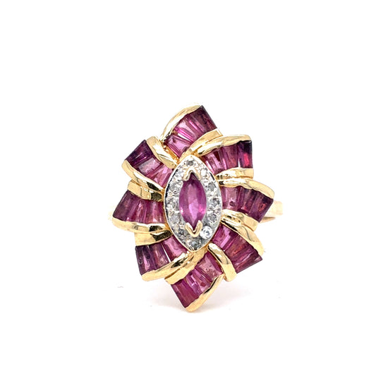 14K Yellow Gold Natural Ruby & Diamond Starburst Fashion Ring | Marquise & Baguette 1.22 TCW, I I1, Size 7