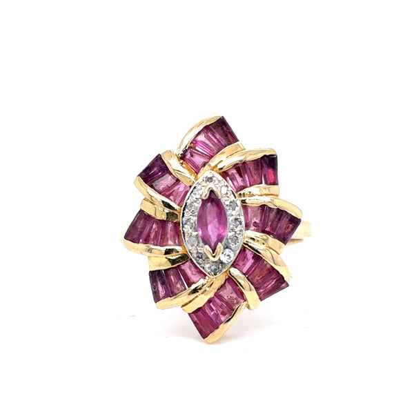 14K Yellow Gold Natural Ruby Starburst Fashion Ring | Marquise & Baguette 1.10 TCW, Size 7