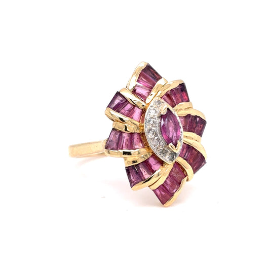 14K Yellow Gold Natural Ruby & Diamond Starburst Fashion Ring | Marquise & Baguette 1.22 TCW, I I1, Size 7