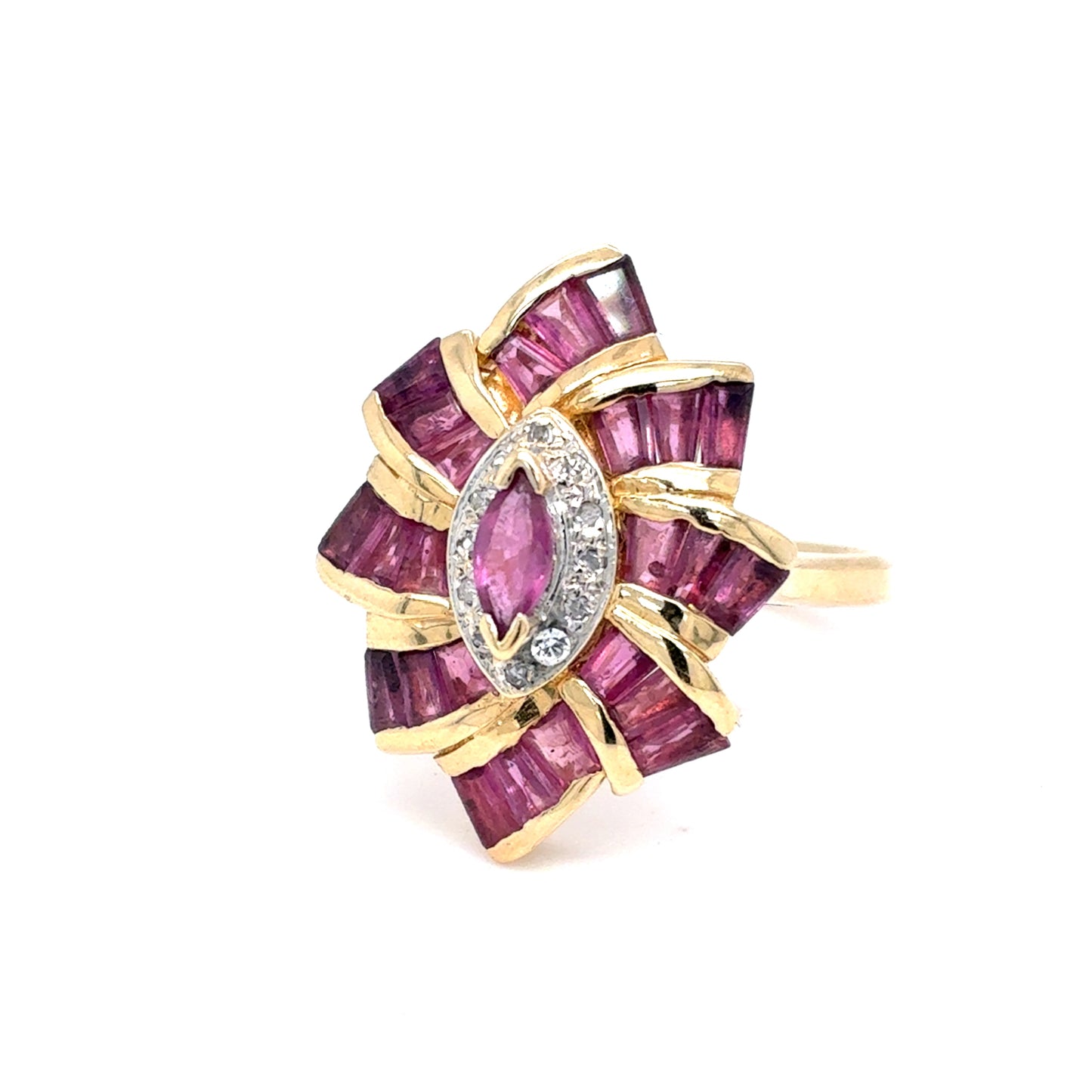 14K Yellow Gold Natural Ruby Starburst Fashion Ring | Marquise & Baguette 1.10 TCW, Size 7