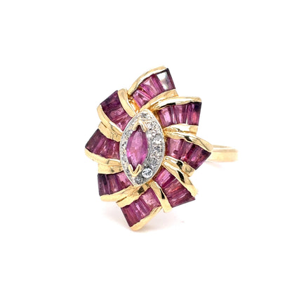 14K Yellow Gold Natural Ruby Starburst Fashion Ring | Marquise & Baguette 1.10 TCW, Size 7
